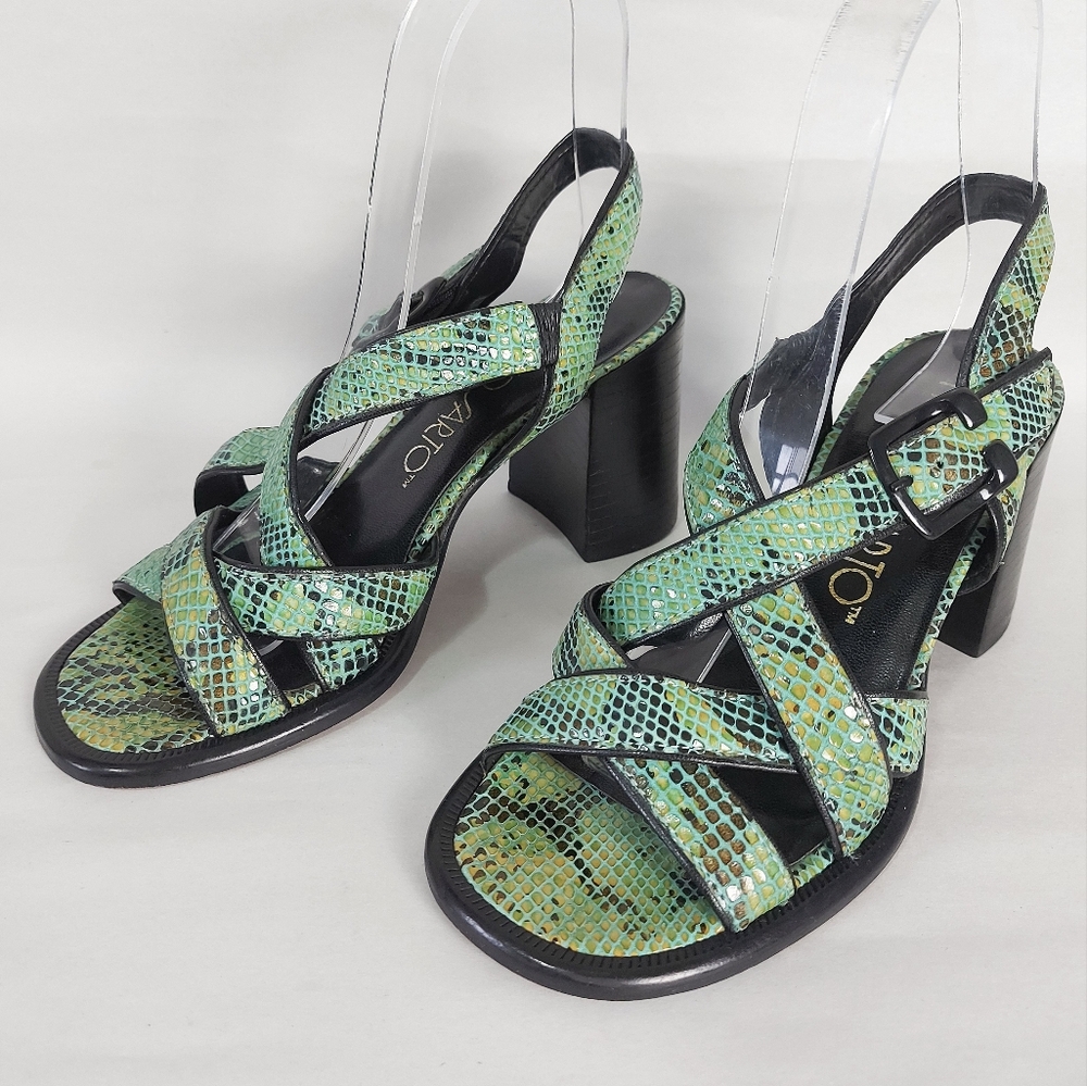 Franco Sarto Women 90s Open-Toe Strappy Sandals 5.5 Green Snakeskin Block Heel